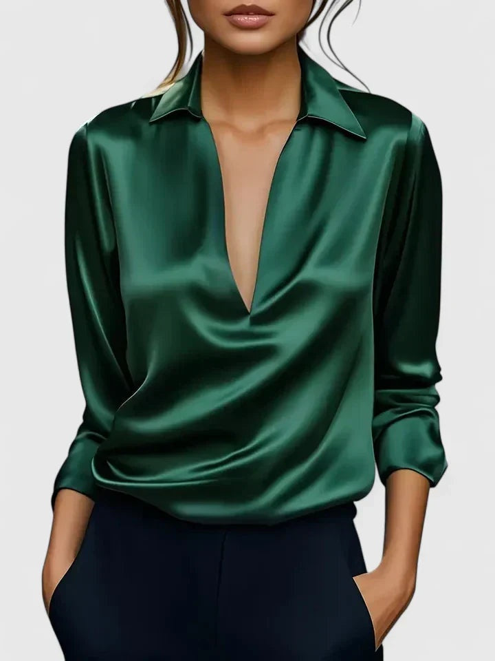 Paulina — Blusa de manga larga con escote drapeado