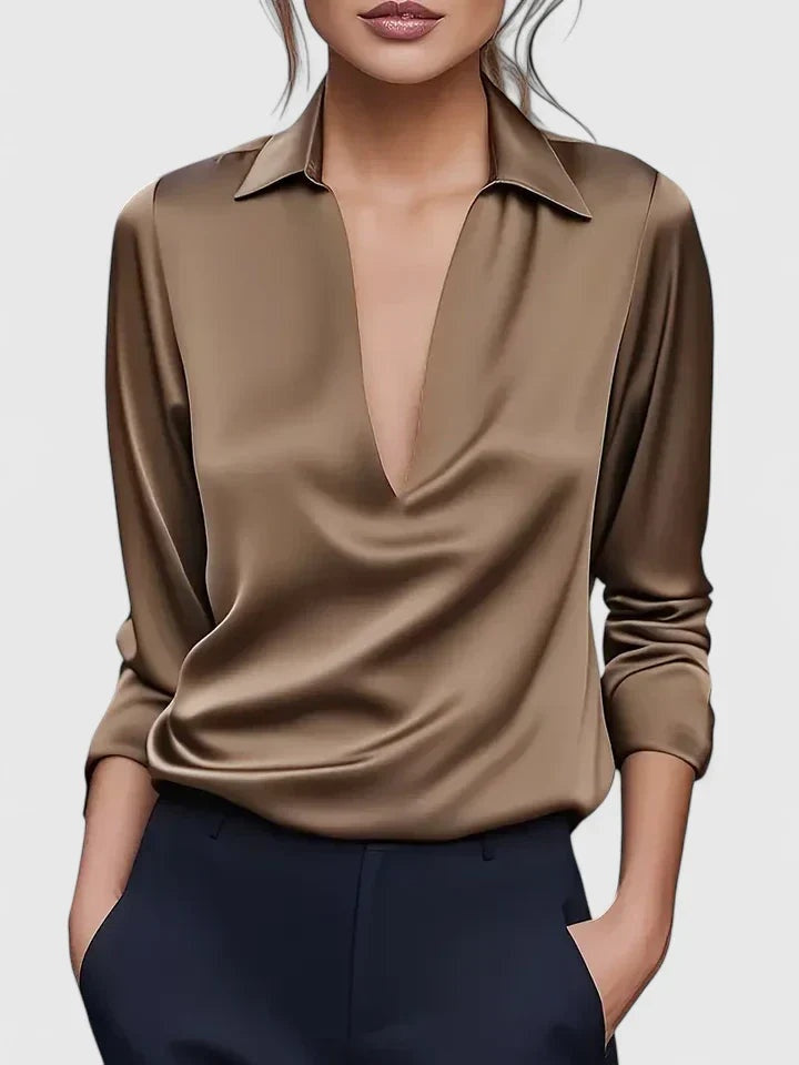 Paulina — Blusa de manga larga con escote drapeado