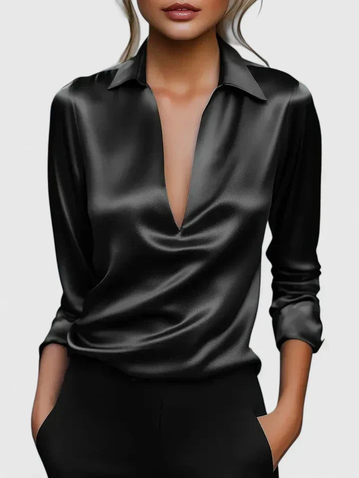 Paulina — Blusa de manga larga con escote drapeado