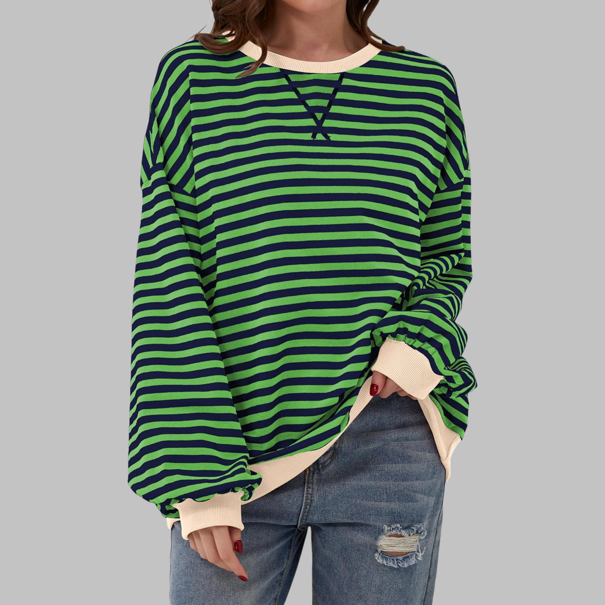 Jade — Sudadera de rayas oversize de cuello redondo