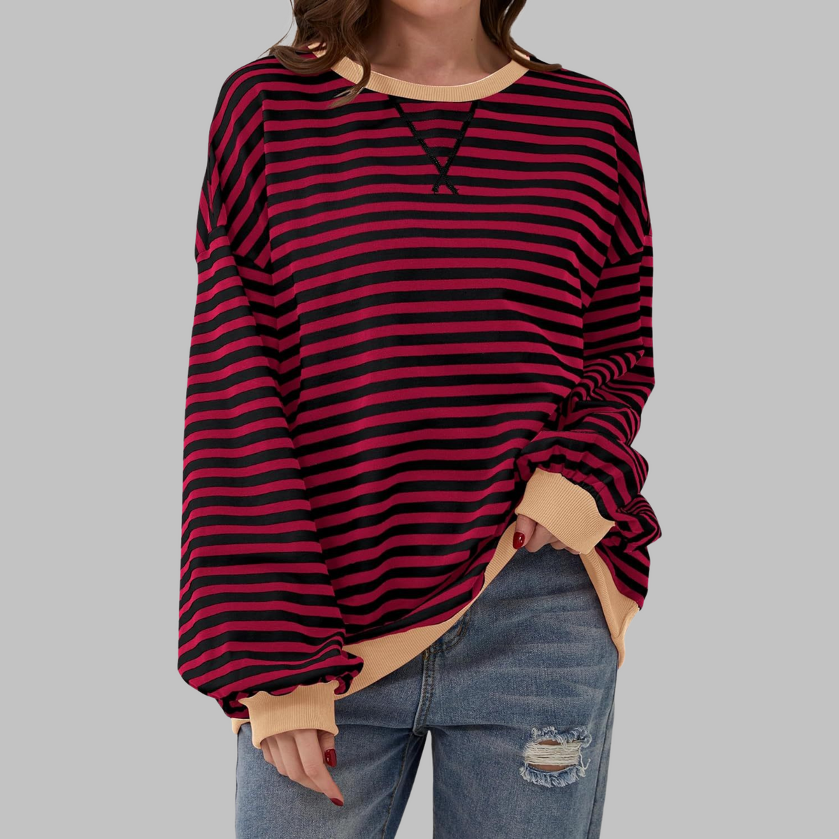 Jade — Sudadera de rayas oversize de cuello redondo