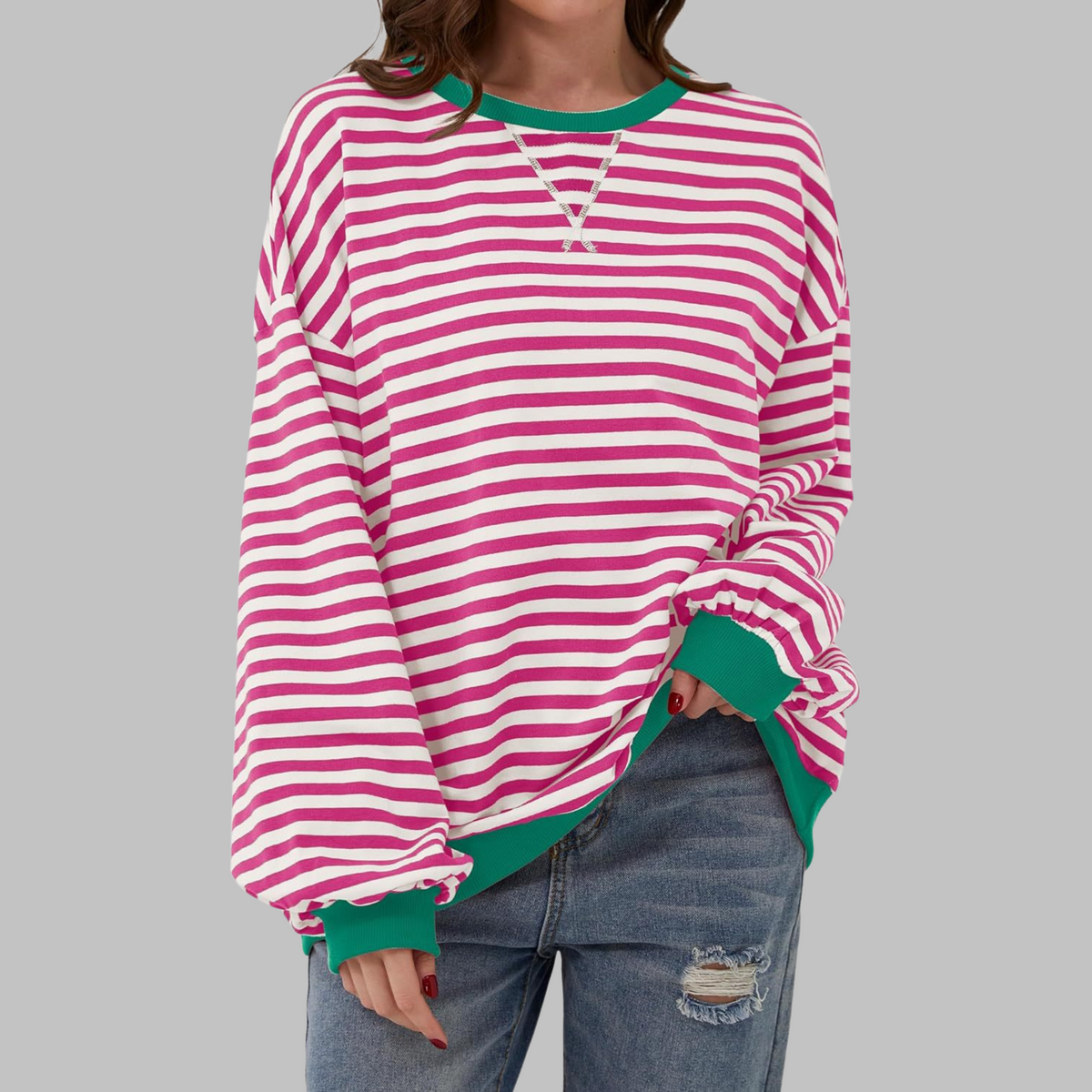 Jade — Sudadera de rayas oversize de cuello redondo