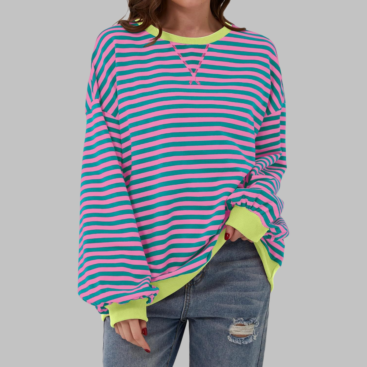 Jade — Sudadera de rayas oversize de cuello redondo