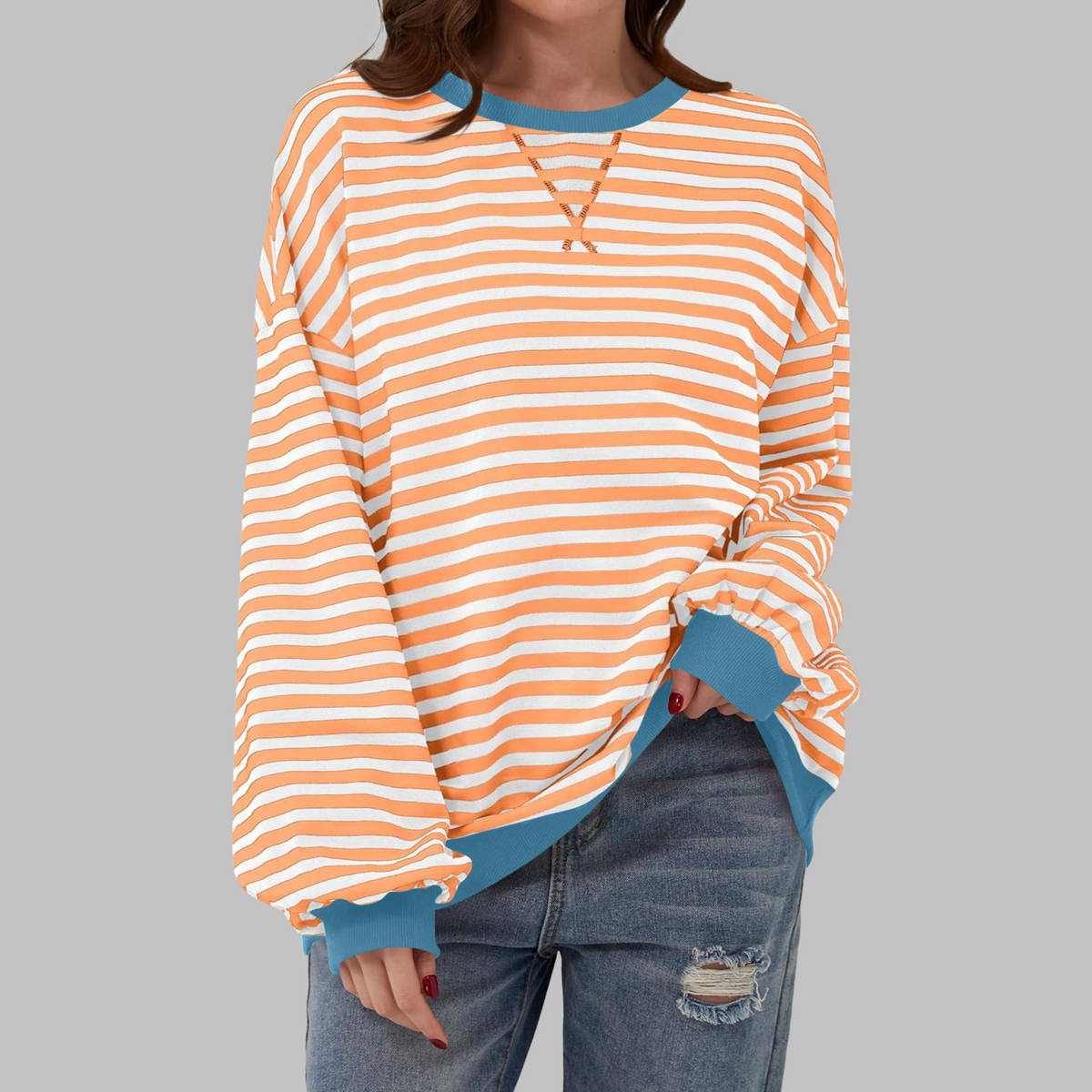 Jade — Sudadera de rayas oversize de cuello redondo
