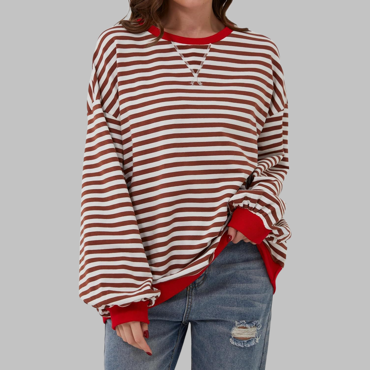 Jade — Sudadera de rayas oversize de cuello redondo
